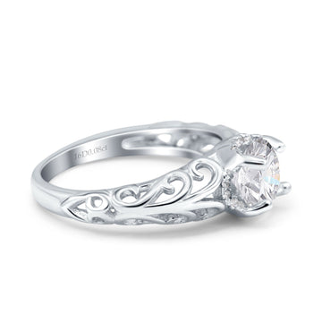 14K White Gold Round Art Deco Filigree GIA Certified 6.5mm D VS1 1.01ct Lab Grown CVD Diamond Engagement Wedding Ring Size 6.5